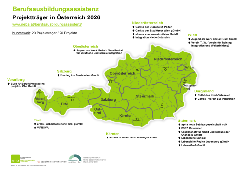 österreichische Landkarte für Projektträger in Berufsausbildungsassistenz; im Vollbild anzeigen, PDF-Alternative direkt unterhalb